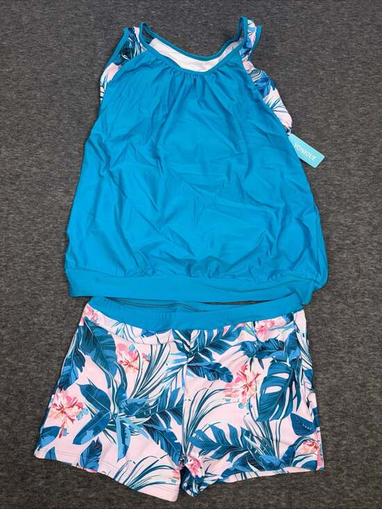 One Piece Swimsuit Blue Floral Printed Swimsuit Boy Shorts  - L - Picture 3 of 5